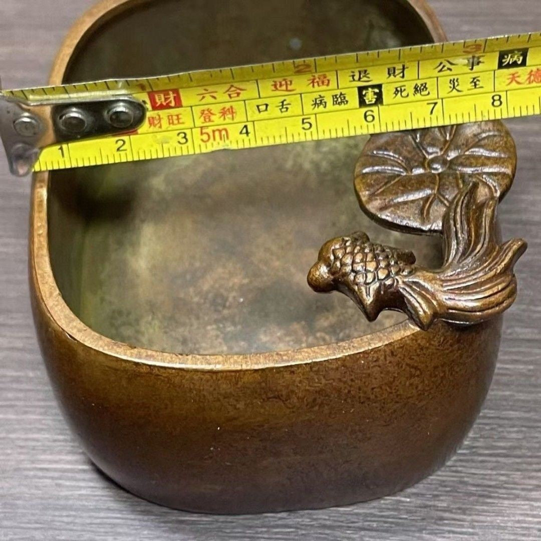 4" China Retro Solid Copper Lotus Leaf Goldfish Incense Burner Ashtray Ornament
