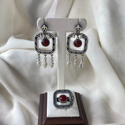 Kazakh Ethnic Vintage Ring & Earring Set Red Stone Tassel Jewelry