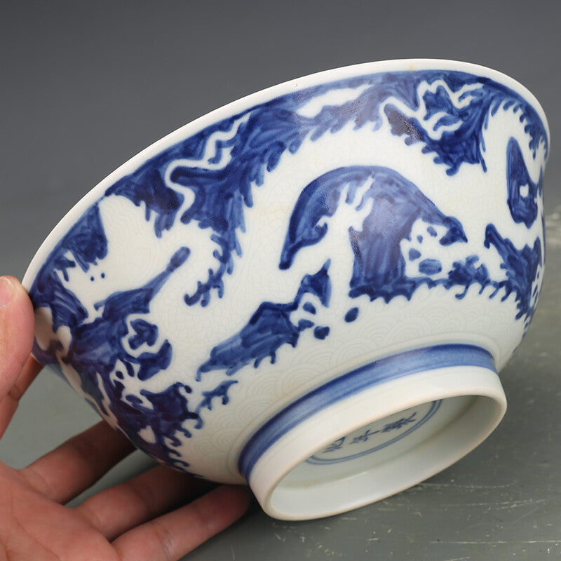 7.3" Old Ming Blue and White Porcelain Seawater Animal Dragon Grain Bowl