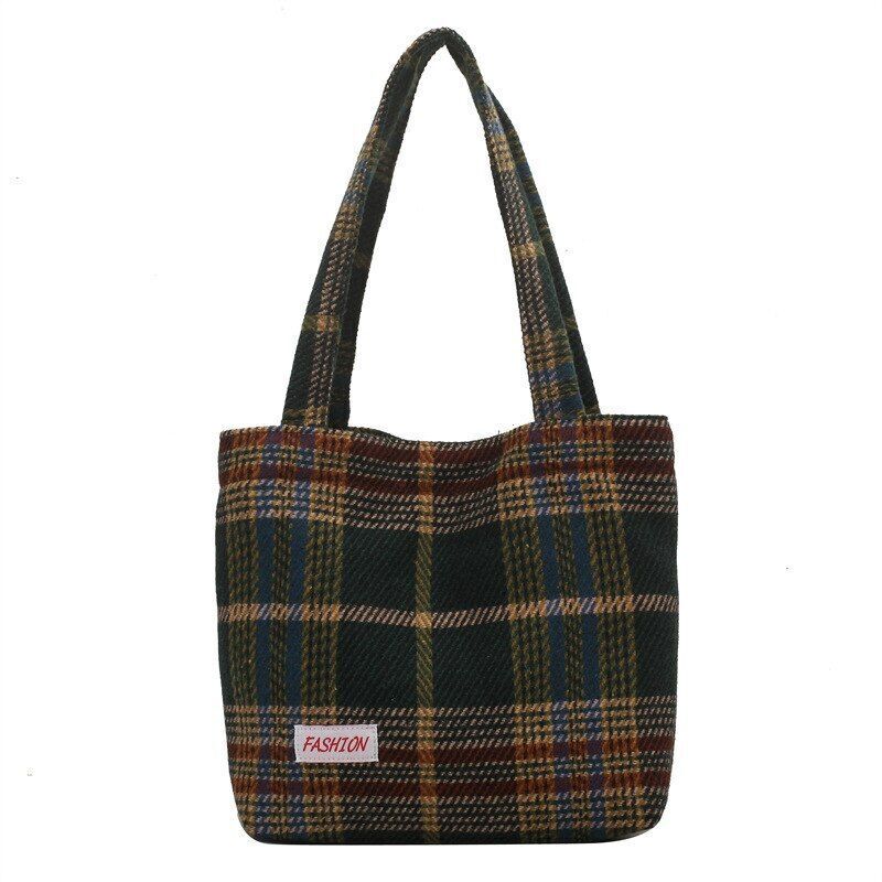 Shoulder Bag Wool Shopper Purse Large Soft Plaid Travel Handbag Green Plaid Bag