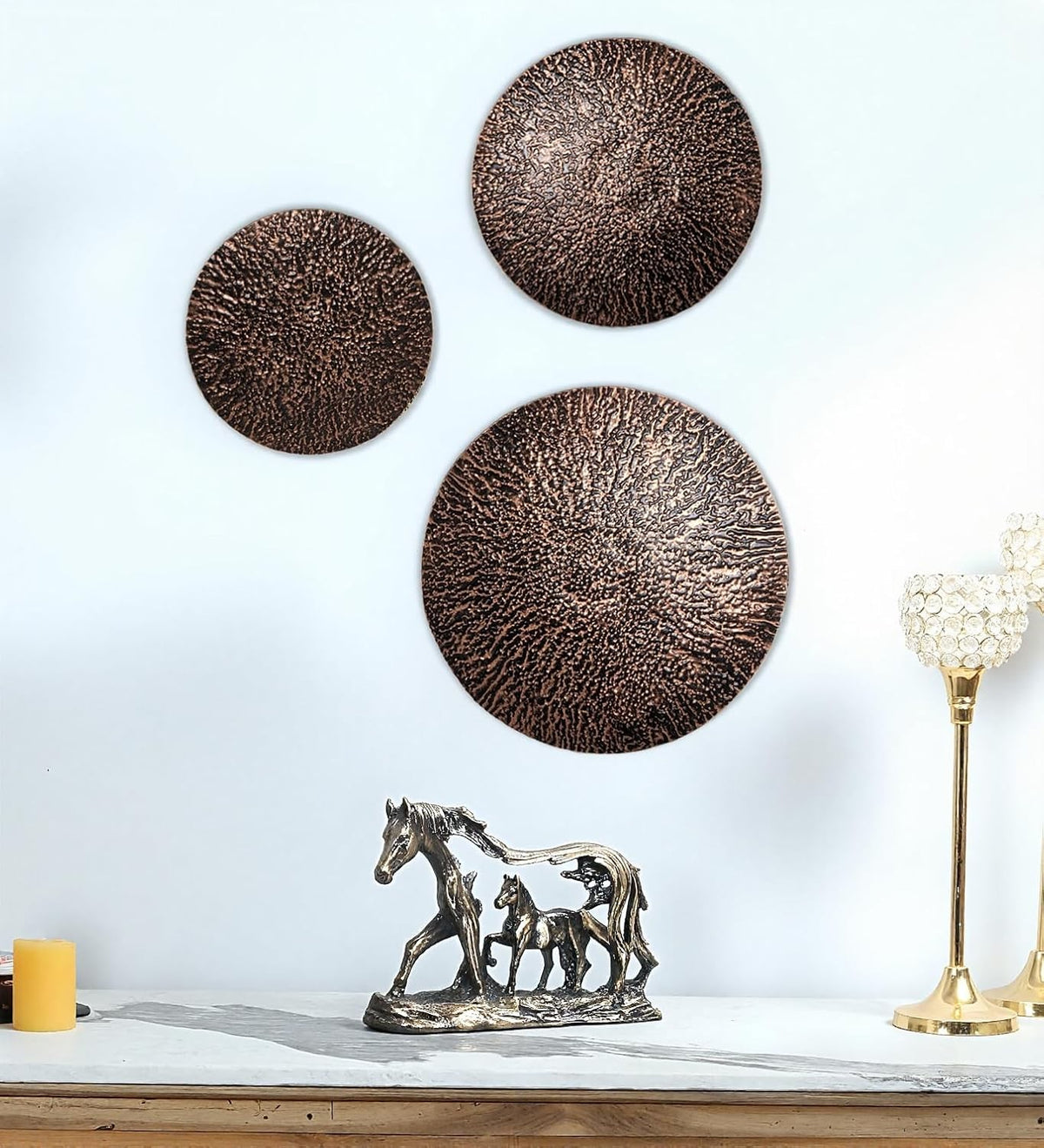 Set of 18", 15", 12" Hanging Copper / Black Ribbed Metal Circles Wall Decoration