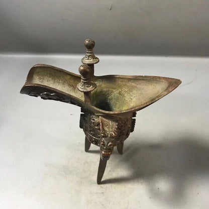 Antique Chinese Bronze Wine Drinking Cup Vessel Jue Three Tripod Legs Goblet