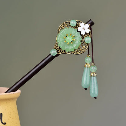 Vintage Ebony Hair Stick Green Jade Tassel Hairpin For Hanfu Cheongsam