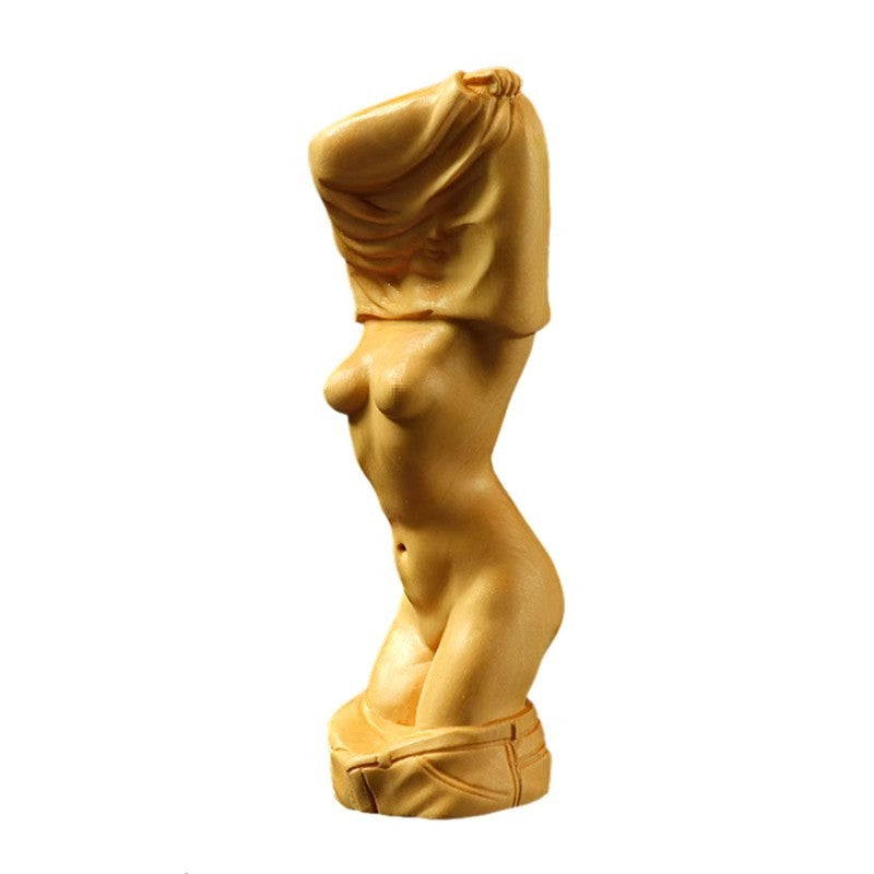 Boxwood Carved Beauty Girl Statue Undressing Figurine Model Artwork Collect