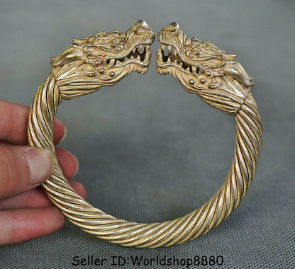 3.8" Collect Old Chinese Silver Dynasty Palace Double Dragon bracelet bangle