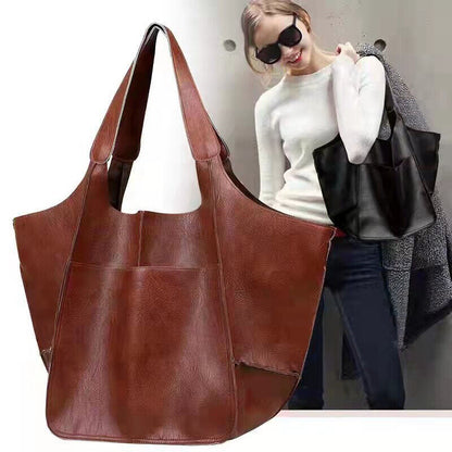 Women Large Capacity Soft Leather Casual Tote Shoulder Bag Retro Shopper Handb