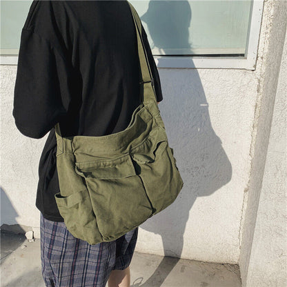 Large Capacity Shoulder Bag Canvas Bag School Messenger Bag Solid Color Fashion