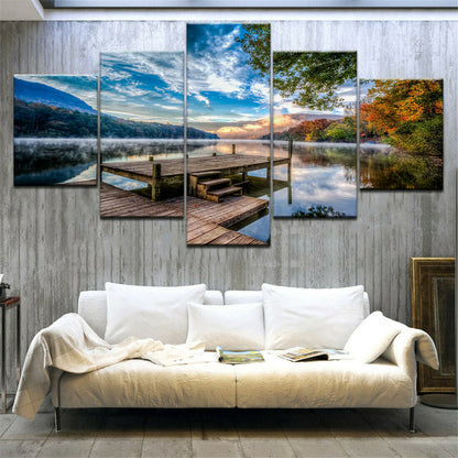 5pcs HD inkjet canvas painting wooden bridge sunset lake water sky No Framed