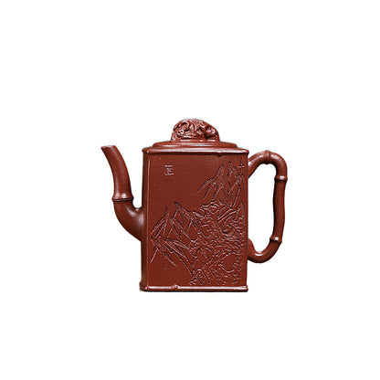 Handmade Carved Bamboo Chinese Characters Real Yixing Zisha Purple Grit Tea Pot