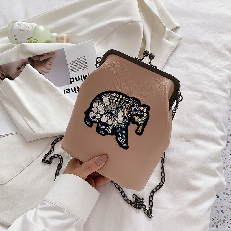 Vintage Shell Lock Embroidery Bags Synthetic Leather Chain Shoulder Purses Blue