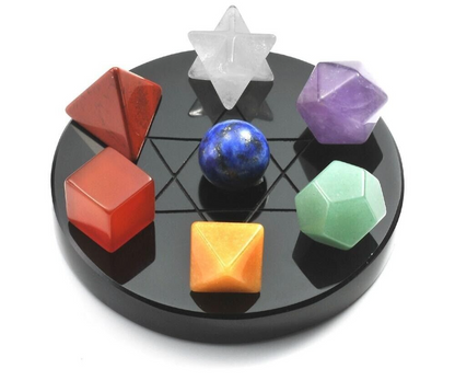 7 Chakra Crystals Platonic Energy Gemstones Reiki Healing W/ Black Obsidian Base