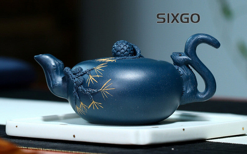 6.2" Chinese Yixing Zisha Pottery Celeste Clay 250CC Squirrel Grape Teapot