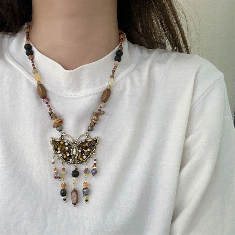 Natural Stone Butterfly Necklace Bohemian Retro Chinese Style Women Handmade