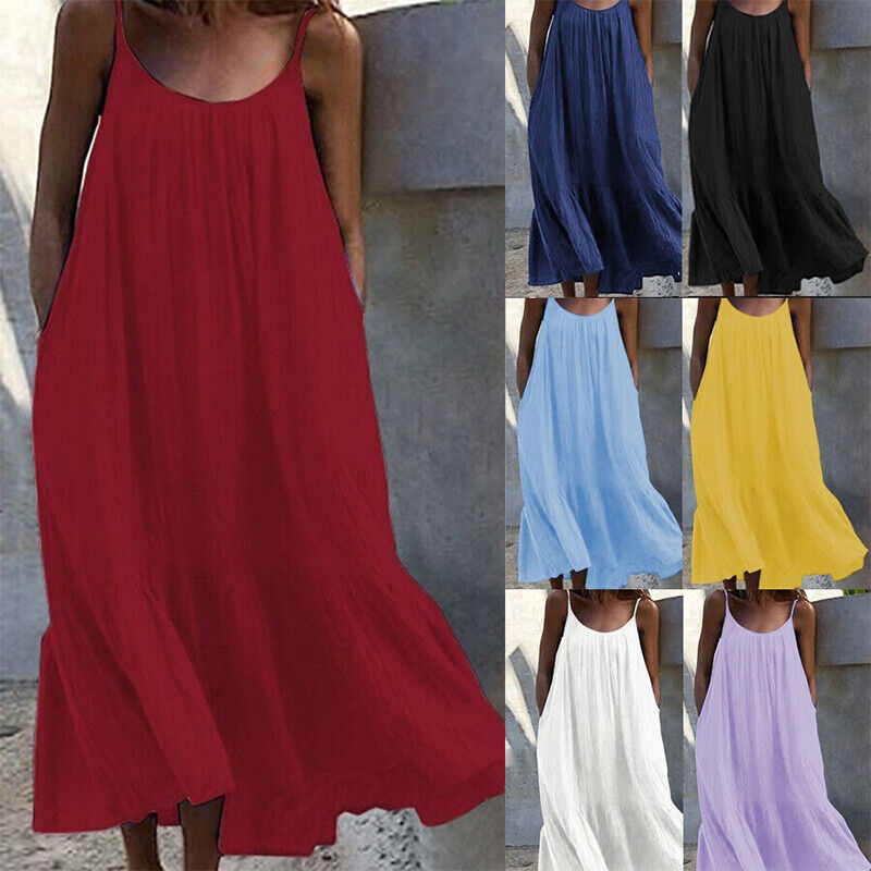 Womens Summer Sleeveless Loose Dress Beach Slip Sundress Swing Baggy Solid Color