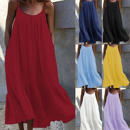Womens Summer Sleeveless Loose Dress Beach Slip Sundress Swing Baggy Solid Color