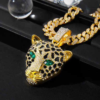 Gold Leopard Head Cuban Chain Iced Out Hip Hop Gothic Rapper Necklace