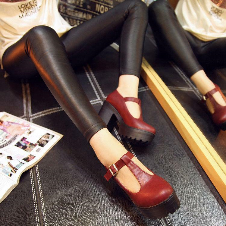 Women's Chic Chunky Heels High Platform Mary Jane Ankle T-Strap Punk Shoes Solid