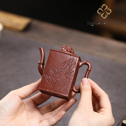 Handmade Carved Bamboo Chinese Characters Real Yixing Zisha Purple Grit Tea Pot