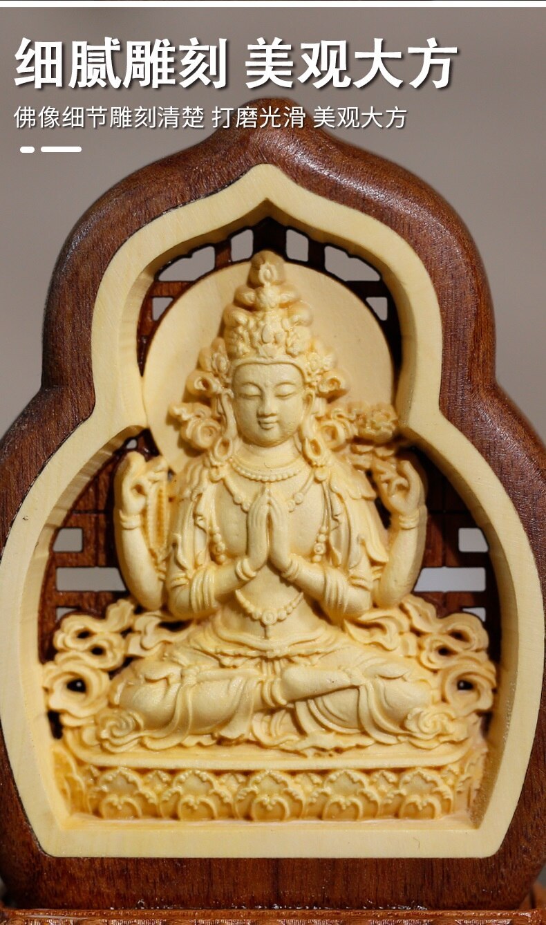 Buddhism Talisman Four Armed Guanyin Buddha Talisman Wood Carving Buddha Statue