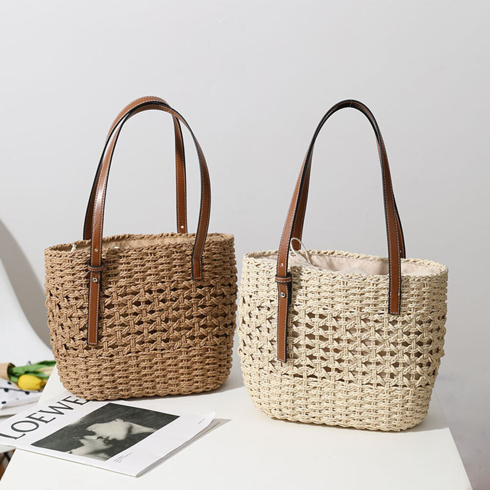 Women Woven Boho Handbag Tote Straw Bag Round Rattan Shoulder Bag Summer Beach