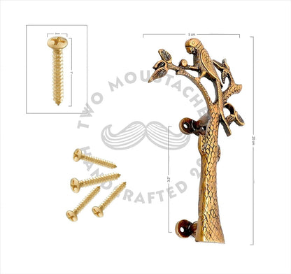 Set of 2 Antique Look Golden Brass Parrot On Tree Door Handle