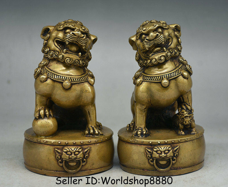 4.4"IN Chinese Old Copper Folk Feng Shui Foo Fu Dog Guardion Lion Drum Statue