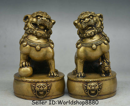 4.4"IN Chinese Old Copper Folk Feng Shui Foo Fu Dog Guardion Lion Drum Statue