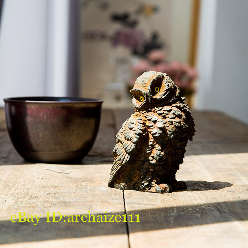 Chinese Handmade Iron Rust Cast Owl Statue Tea Pet Home Decor