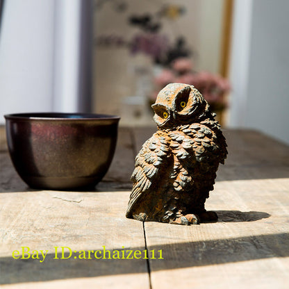 Chinese Handmade Iron Rust Cast Owl Statue Tea Pet Home Decor