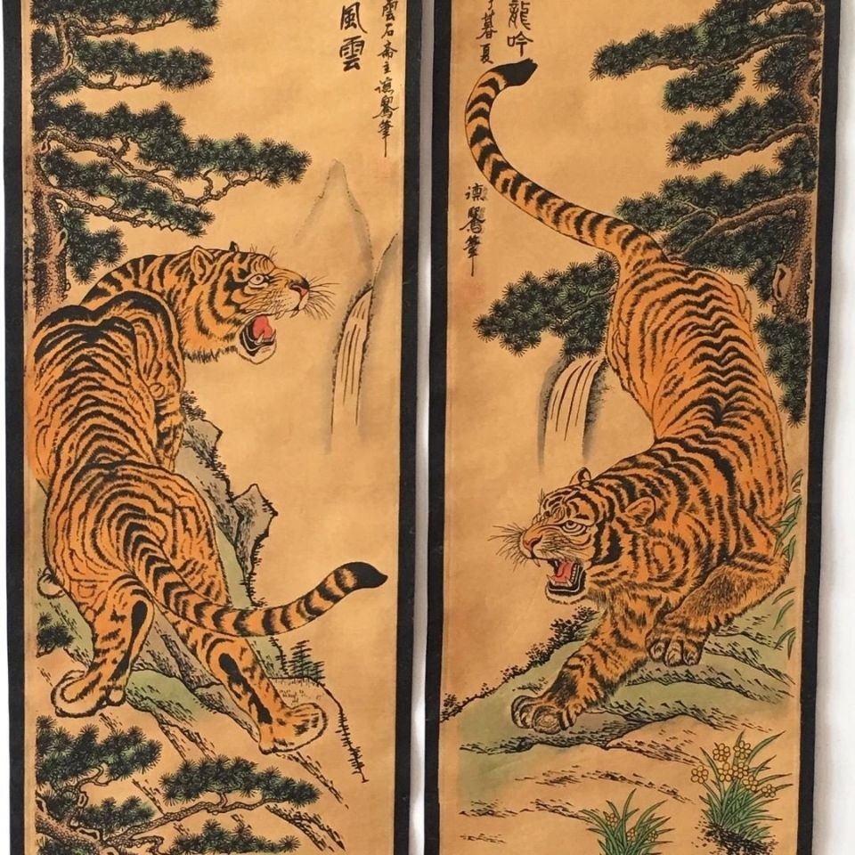 Vintage Chinese Tiger Roaring 4 Scroll Paintings 123cm Wall Art Set