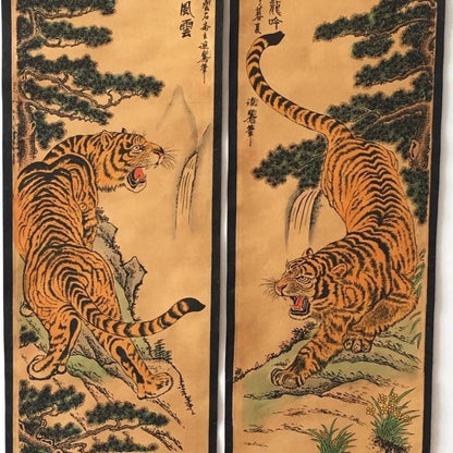 Vintage Chinese Tiger Roaring 4 Scroll Paintings 123cm Wall Art Set