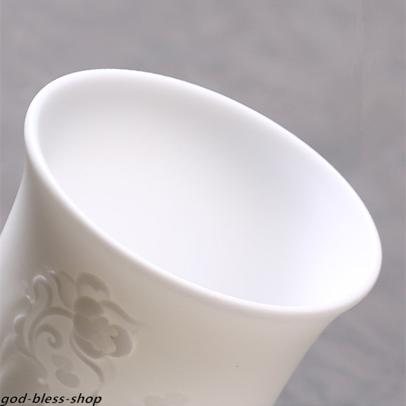 Jade Porcelain Tea Cup Handmade Carved Flower Relief 150ml Personal Cup Of Tea