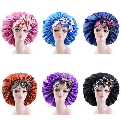 Women Large Double Layer Print Satin Bonnet Adjustable Shower Cap Bonnet Hat