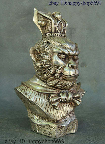 9" Chinese Silver Famous Xiyouji Monkey King Sun Wukong Wu Kong Head Bust Statue