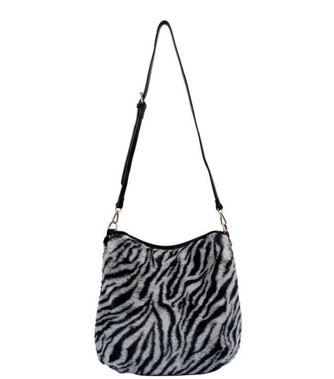 Celela Fluffy Zebra Print Rivet Women Hobo Crossbody Shoulder Handbag Purse Bag