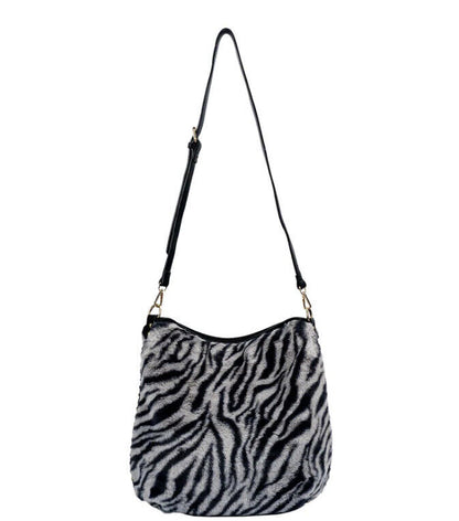 Celela Fluffy Zebra Print Rivet Women Hobo Crossbody Shoulder Handbag Purse Bag