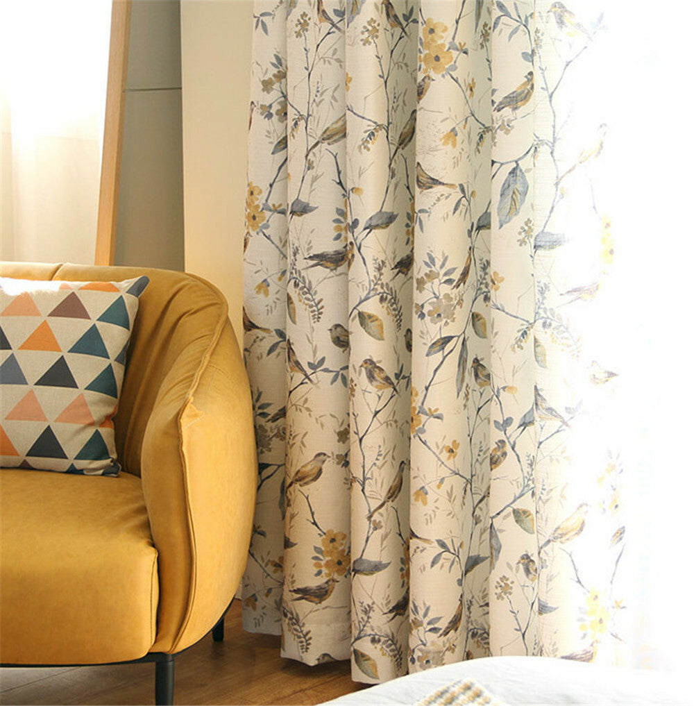 Rural Style Birds and Trees Printed Curtain Semi Blackout Curtain Panel 1 Panel