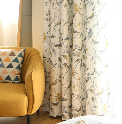 Rural Style Birds and Trees Printed Curtain Semi Blackout Curtain Panel 1 Panel