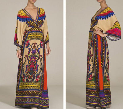 New Women Traditional African Print Party Dresses V-neck Beach Long Dress