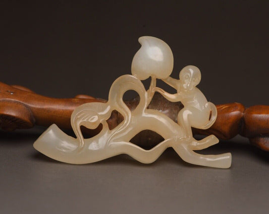 Old Peking Chinese Hetian Jade Carving Peach Monkey Statue Unique Wonderful Art