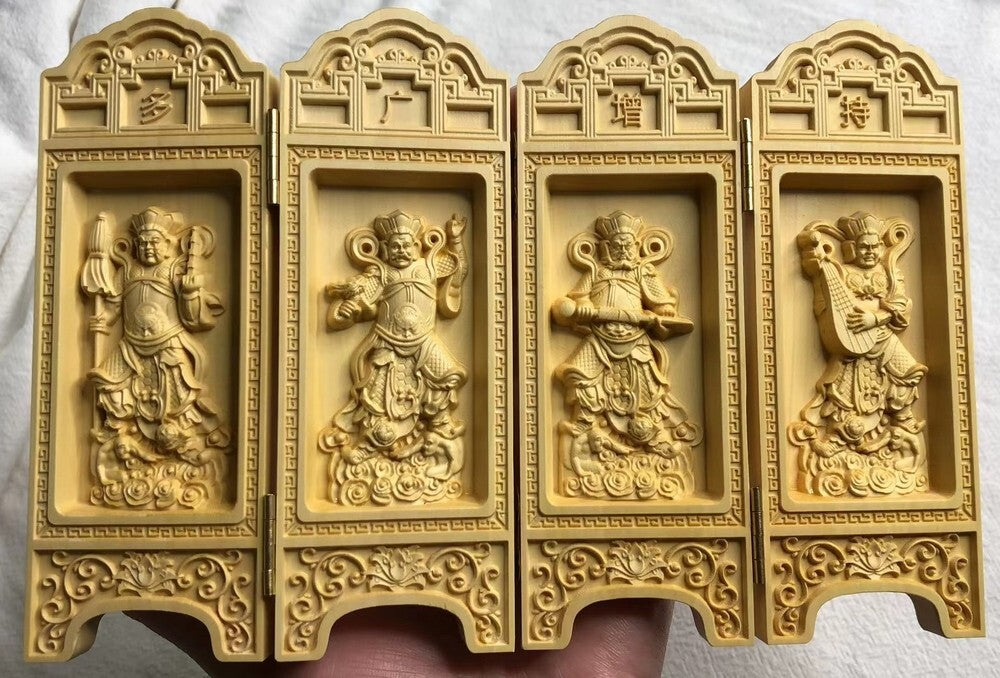 Boxwood Carving Four Tennos Folding Screen Panel Buddhist Decorative Shrine -