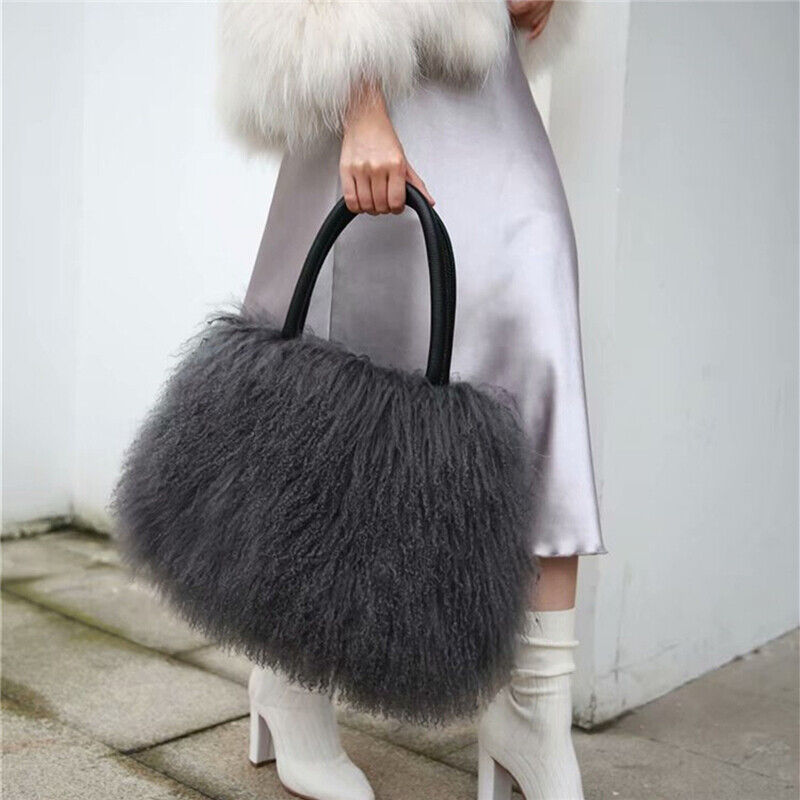 Women Real Mongolian Sheep Fur Handbags Ladies Casual Fluffy Fur Tote Bags