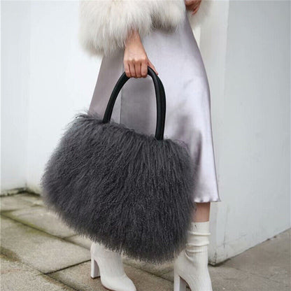 Women Real Mongolian Sheep Fur Handbags Ladies Casual Fluffy Fur Tote Bags