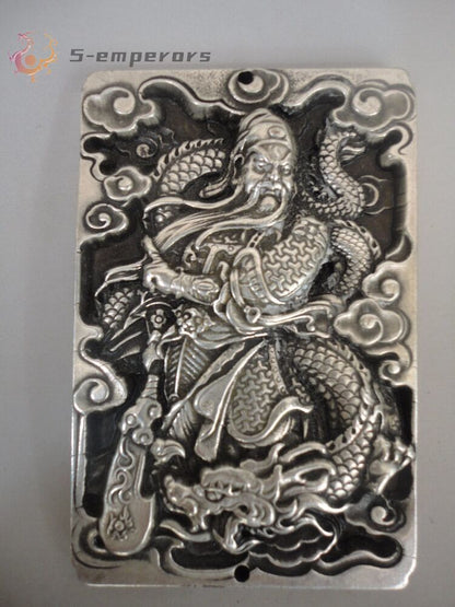 Collected Ancient China Tibet Silver Carving Guan Yu God Wealth Amulet Pendant