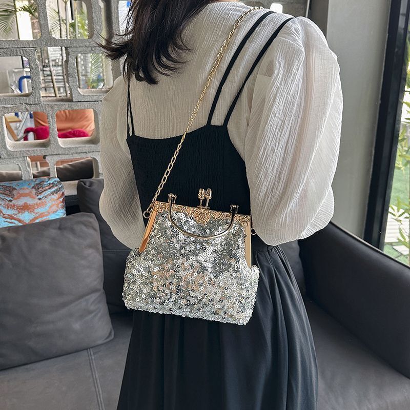 Clutch Bag Silver Sequin Chain Shoulder Crossbody Bags Handbag Purse 21*16*6 CM