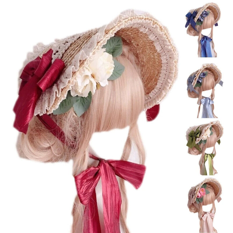 Women Lolita Hats Pastoral Style Flat Tops Lace Flower Ribbon Straw Beach Bonnet