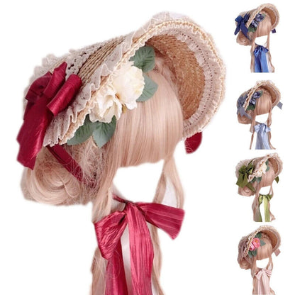 Women Lolita Hats Pastoral Style Flat Tops Lace Flower Ribbon Straw Beach Bonnet