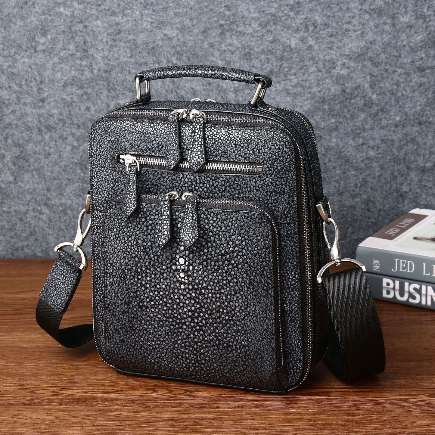 Black 100% Real Leather Shoulder Bag, Designer Pearl Fish Men's Business Handbag
