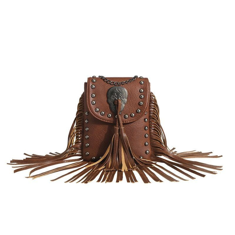 Vintage Fringe Crossbody Bag Women Rivet Leather Phone Purse Chain Shoulder Bag