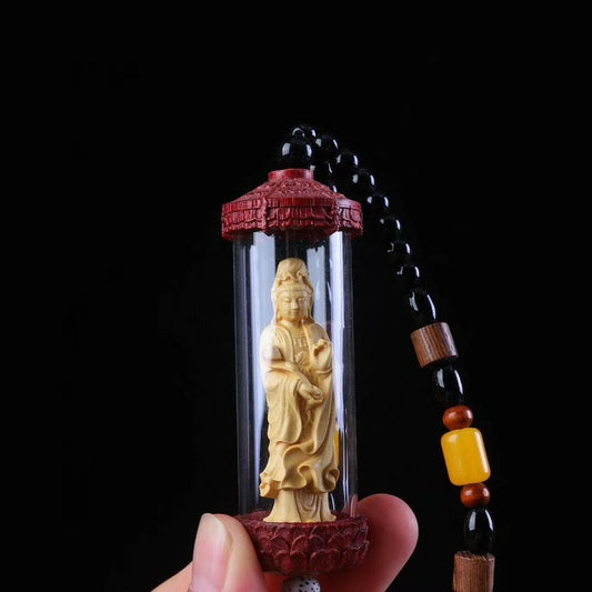 Carved Bottle Guanyin Statue Pendant Chinese Mahogany Square Wood Huangyangmu -